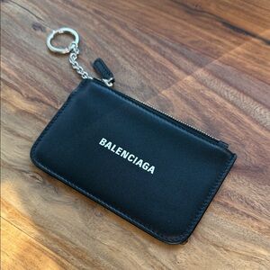 Balenciaga Black Leather Logo Coin Pouch with Key Ring
